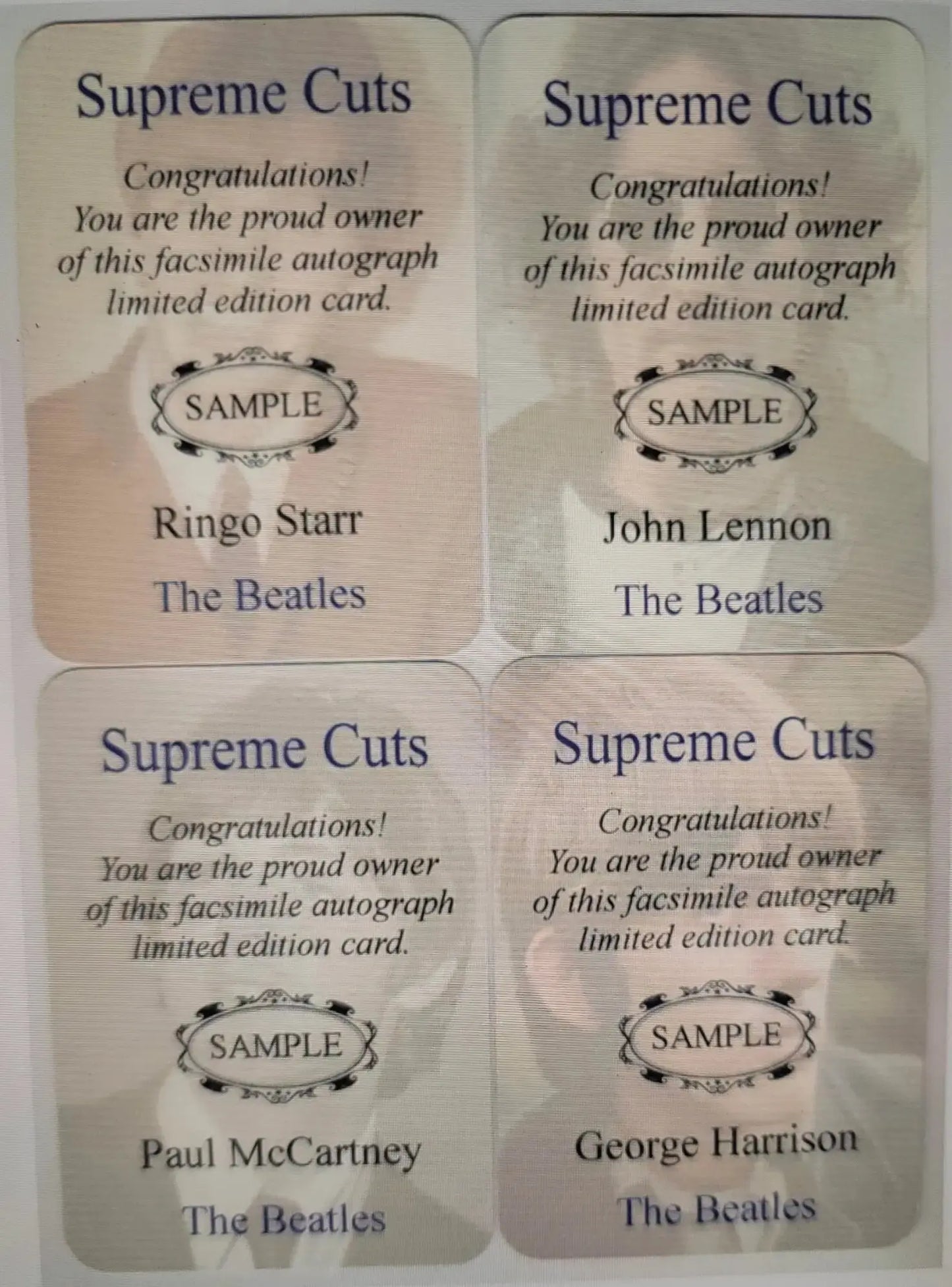 The Beatles Supreme Cuts Embossed, Die Cut Facsimile Signatures,(4) card Rosa's Aromatherapy