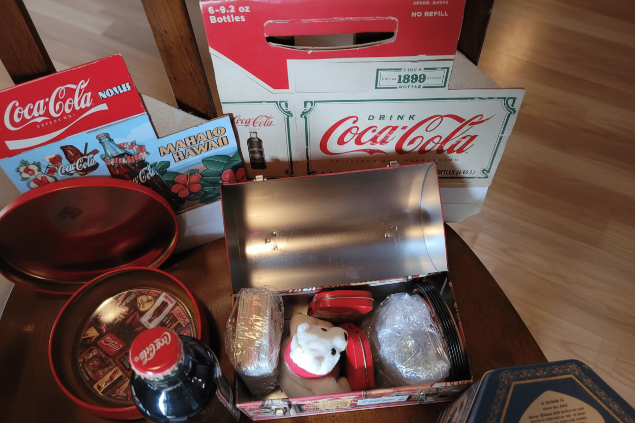 Lote de artículos coleccionables vintage de Coca-Cola: carteles, botellas y recuerdos