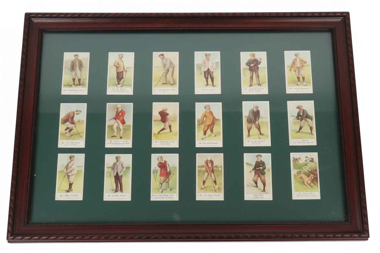 Plateau de service portable vintage des années 1980, avec 18 cartes à cigarettes Cope's Golfers