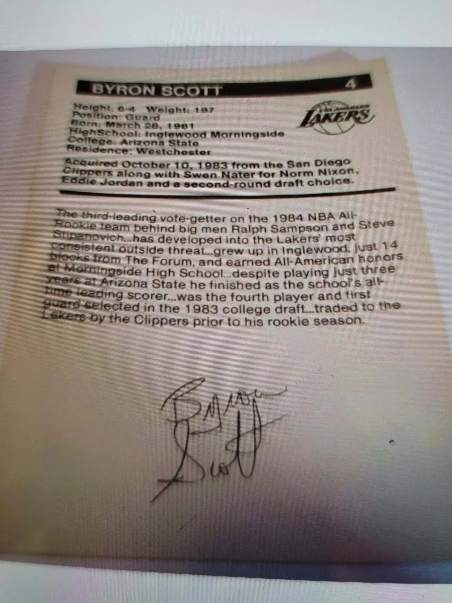 Byron Scott,1984-85, Lakers BSAF Card lot, 5x7